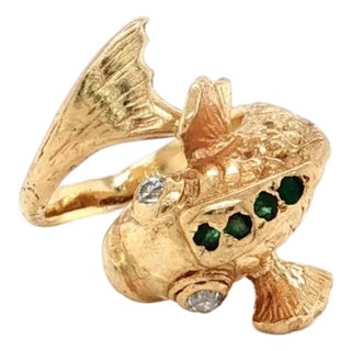 Mid 20th Century Diamond Emerald Fish Bypass Ring 14K Yellow Gold Size 5.5 For Sale