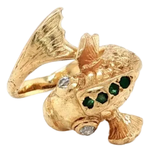 Mid 20th Century Diamond Emerald Fish Bypass Ring 14K Yellow Gold Size 5.5