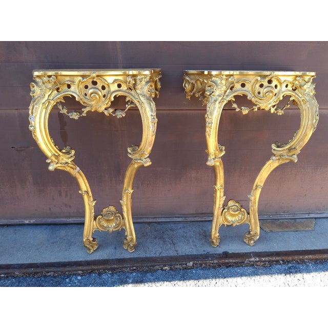 Pair 18th Century Rococo Style Carved Giltwood Marble Top Side Tables For Sale - Image 10 of 14