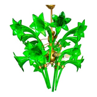 Vintage Italian Green Murano Style Hand Painted Lily Flower Chandelier Flush Mount For Sale