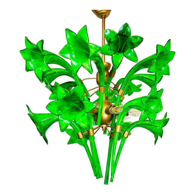 Vintage Italian Green Murano Style Hand Painted Lily Flower Chandelier Flush Mount For Sale