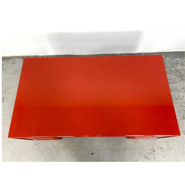 James Mont James Mont Style Red Lacquer Coffee Table With Greek Key Base For Sale - Image 4 of 5