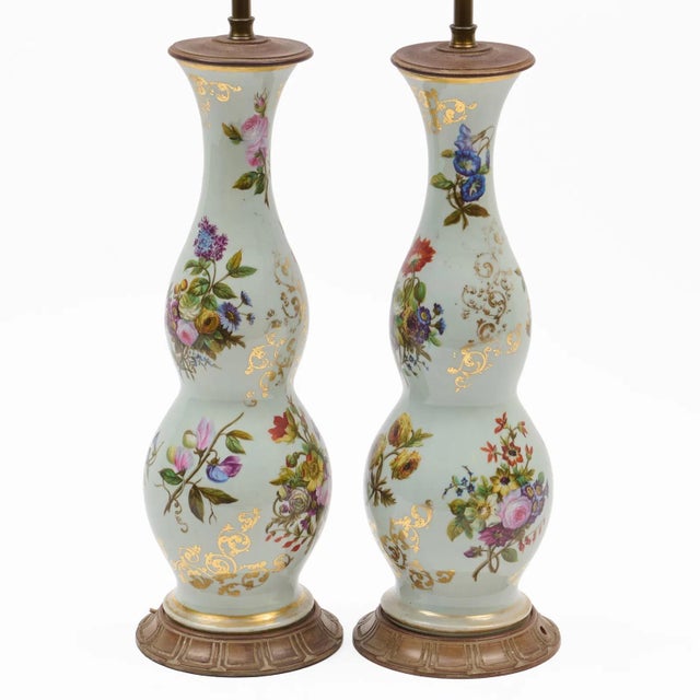 English Tall Antique Louis Philippe French Opaline Glass Table Lamps With Hand Painted Flowers Circa 1835 - A Pair For Sale - Image 3 of 5