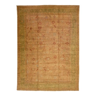 Vintage Turkish Oushak Brown & Green Handmade Oversize Floral Wool Rug For Sale
