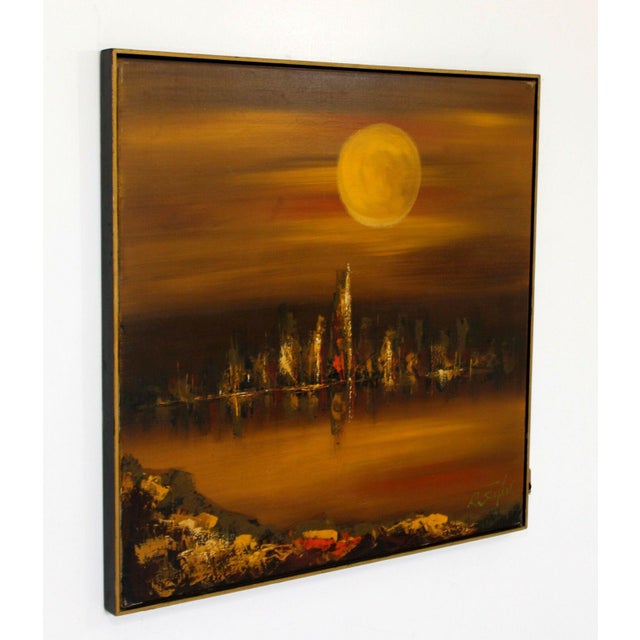 Mid Century Modern Framed Cityscape Painting on Canvas Signed R. Styles