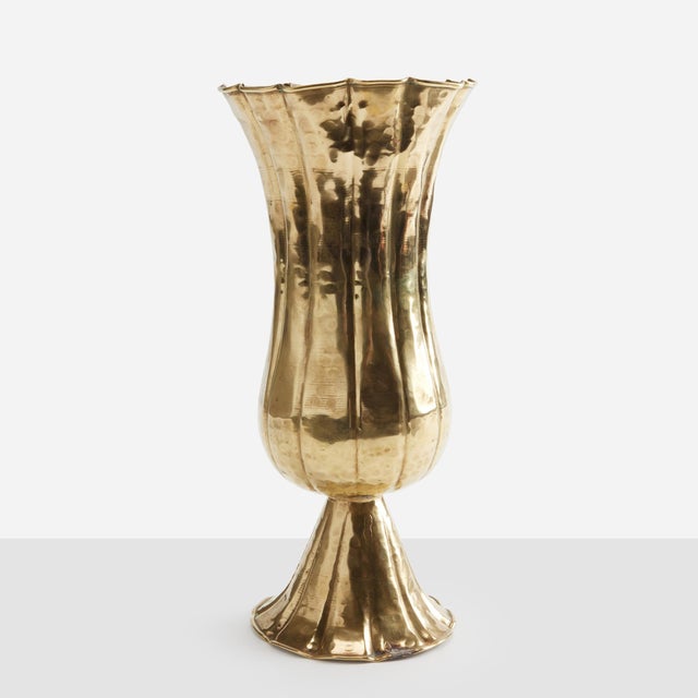 Description Hammered Brass Fluted Vase by Josef Hoffman Austria, c1920s A hand-hammered brass vase with dramatic vertical...