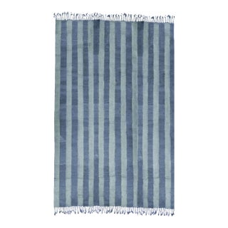 Double-Sided Natural Indigo Dyed Chambray Striped Wool Moroccan Flatweave Kilim Rug -5x8 For Sale