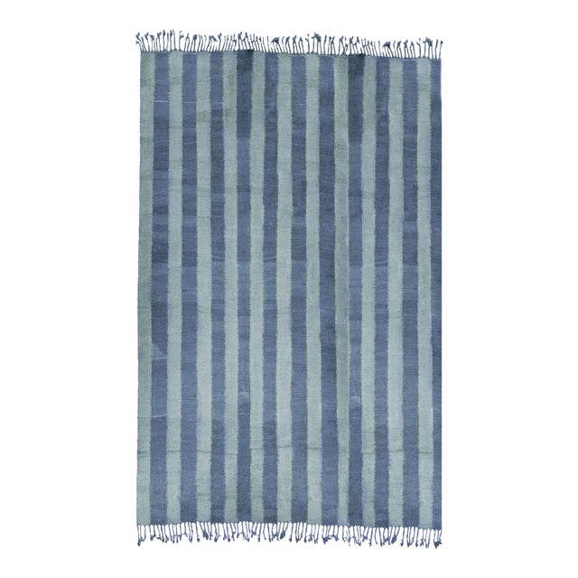 Double-Sided Natural Indigo Dyed Chambray Striped Wool Moroccan Flatweave Kilim Rug -5x8 For Sale