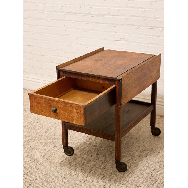 Vintage Oak Rolling Side Table Cart With Drawer and Lower Shelf For Sale - Image 4 of 12