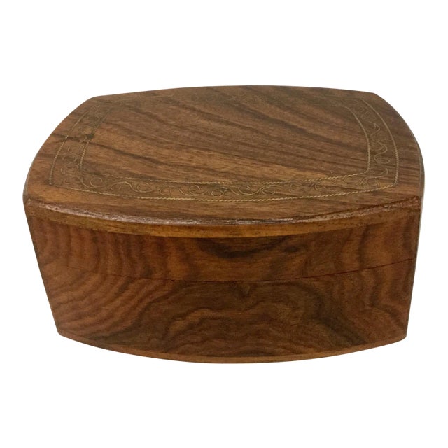 1950s Mid-Century Modern Hand Carved Wood & Brass Inlay Box For Sale
