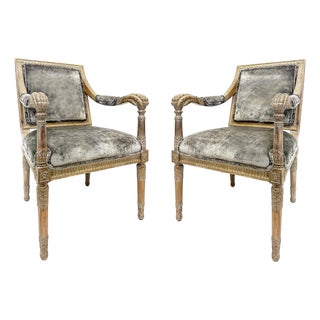 Vintage Italian Neoclassical Carved Wood Armchairs, Newly Upholstered, Pair For Sale