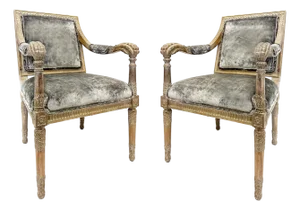 Vintage Italian Neoclassical Carved Wood Armchairs, Newly Upholstered, Pair