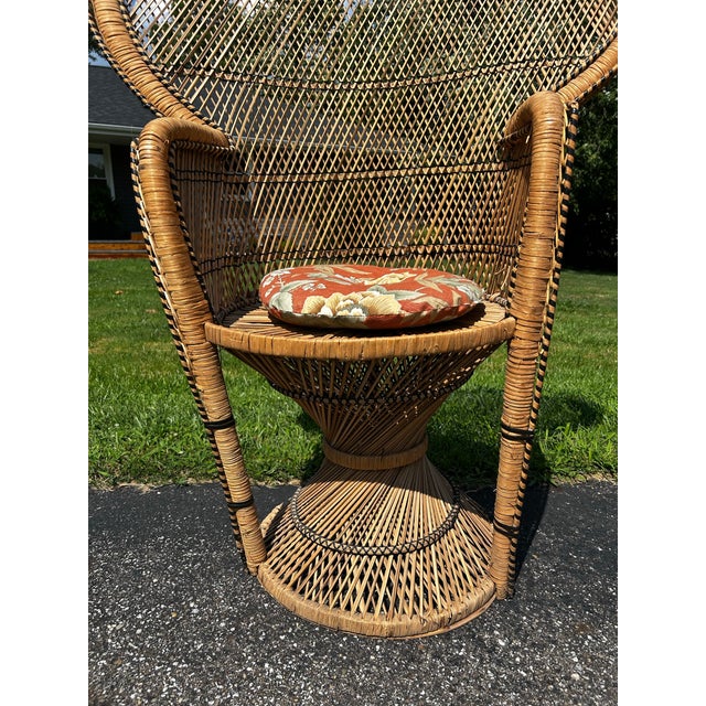 This Pair of Vintage 1970s Boho Wicker and Rattan Peacock Chairs Features High, Dramatic Fan Backs and Hourglass Pedestal Bases. For Sale - Image 9 of 12