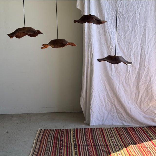Contemporary Medium Flat Corrugated Teak Leaf Pendant Light with Floral Stripes, 1980s For Sale - Image 3 of 18