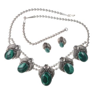 Late 20th Century Navajo Sterling/Malachite necklace and earrings set- 3 pieces For Sale