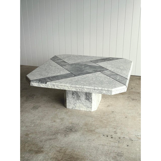 Vintage 1970s Italian Carrara & Bardiglio Marble Inlaid Coffee Table For Sale - Image 12 of 18