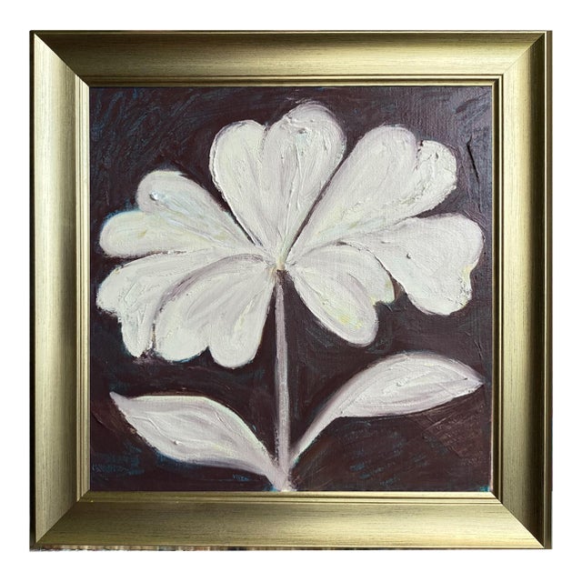 Original Framed Flower Painting, Brown Botanical Wall Art, Oil on Canvas in Gold Frame, 14x14 Minimalist Boho Home Decor For Sale