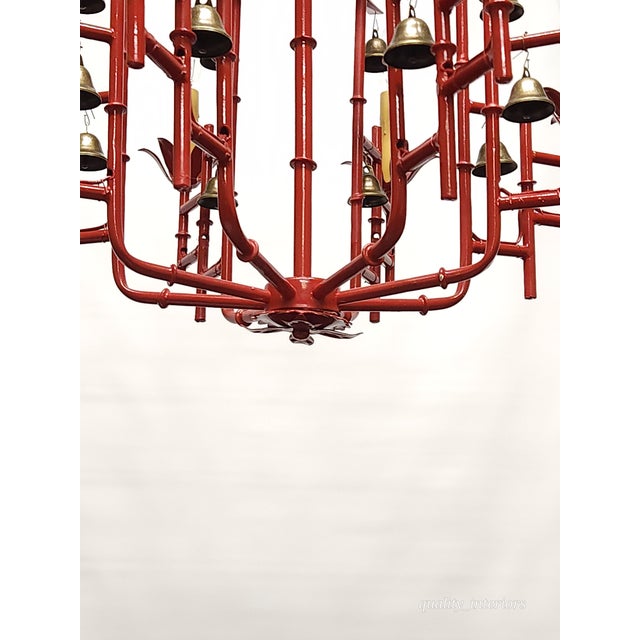 Red Massive Vintage Italian Tole Red Faux Bamboo Birdcage Chandelier With Bells ~ Rewired ~ Restored ~ Rejuvenated ~ Ready to Hang ~ For Sale - Image 8 of 12