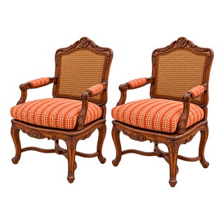 Pair of Cane-Back Armchairs in Tangerine Stripe For Sale