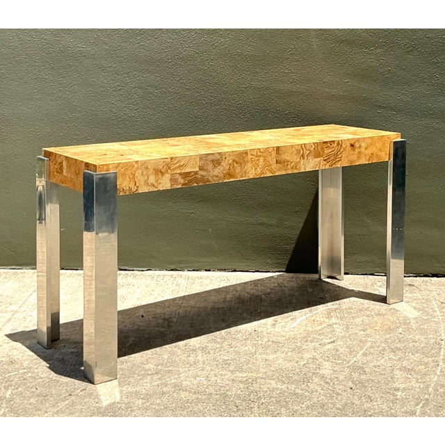 Camel Vintage Laminate Burl Wood and Chrome Console Table For Sale - Image 8 of 18