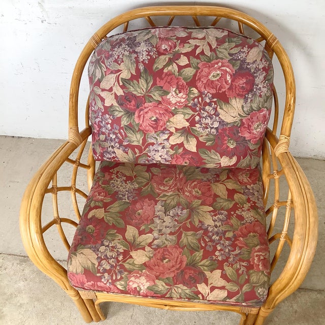 Mid-Century Modern Ficks Reed Style Rattan Lounge Chair and Ottoman With Floral Cushions For Sale - Image 3 of 18