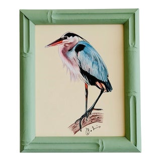 Original Hand-Painted Blue Heron Painting in a Hand-Painted Frame For Sale