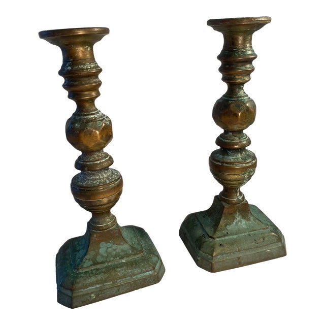 Antique 1800s English Brass Push Up Candlesticks- a Pair For Sale