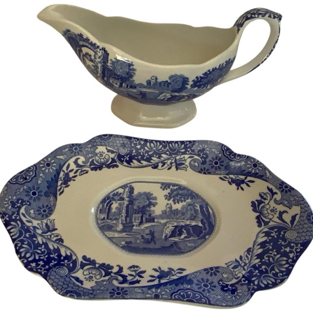 Spode Vintage Authentic Spode Blue Italian Gray Boat & Under Plate England For Sale - Image 4 of 8