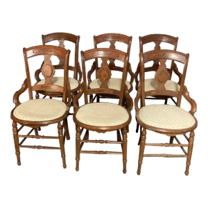 Late 19th Century Walnut With Burl Inlay Hip Hugger Chairs- Set of 6