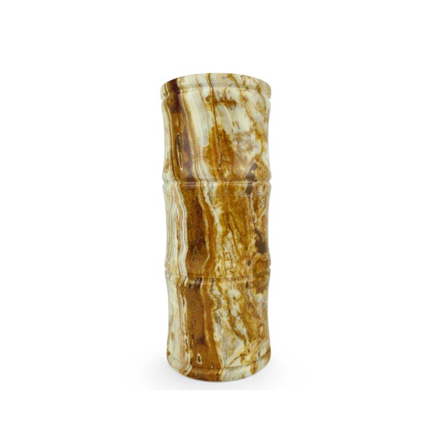 Elevate your home decor with the sleek sophistication of this Modern Cylinder Bamboo Design Carved Solid Onyx Stone Vase....