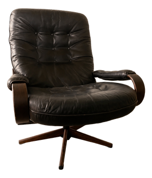Scandinavian Black Leather Swivel Lounge Chair with Bentwood Frame, 1970s