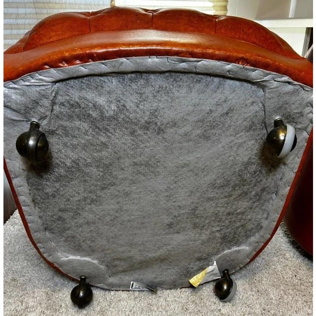 Vintage 1980s Pair of Cognac Tufted Barrel Club Chairs by Classic Leather Inc., Hickory Nc – Top Grain Leather on Brass Shepherd Casters For Sale - Image 15 of 17