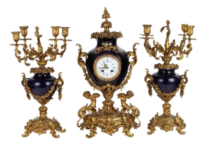 Triptych Clock in Bronze and Porcelain, Set of 3