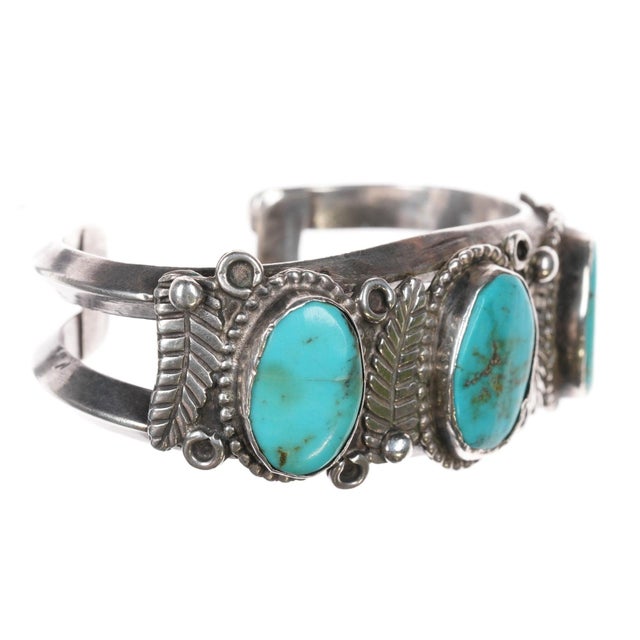 Late 20th Century 6 5/8" 60's-70's Navajo sterling turquoise feather cuff bracelet For Sale - Image 5 of 10