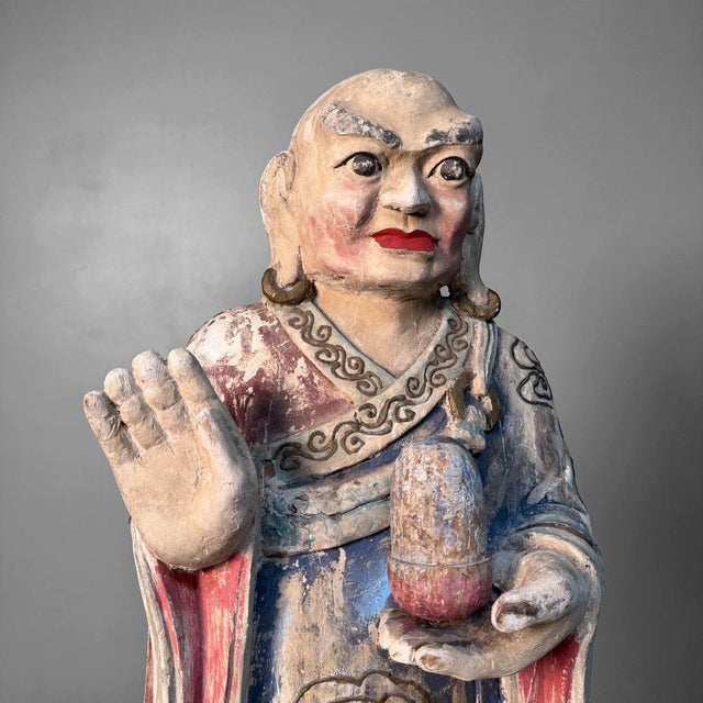 Large Polychrome Wooden Temple Figures on Lotus Bases, Korea, 19th Century, Set of 2 For Sale - Image 3 of 18