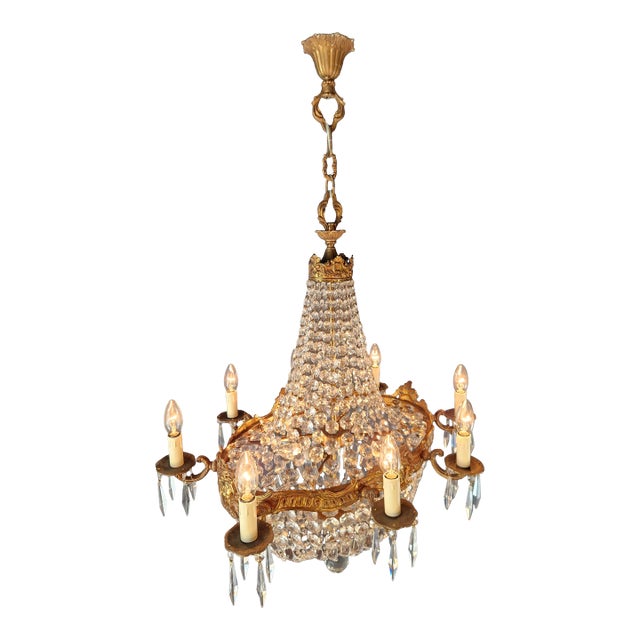 Antique Oval Crystal Chandelier Louis XVI Revival Empire Style Brass 12 Lights For Sale
