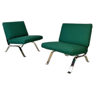 Set of Italian Modern Steel and Green Cotton Lounge Chairs attributed to Gastone Rinaldi, 1970s For Sale
