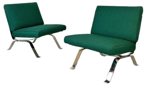 Set of Italian Modern Steel and Green Cotton Lounge Chairs attributed to Gastone Rinaldi, 1970s