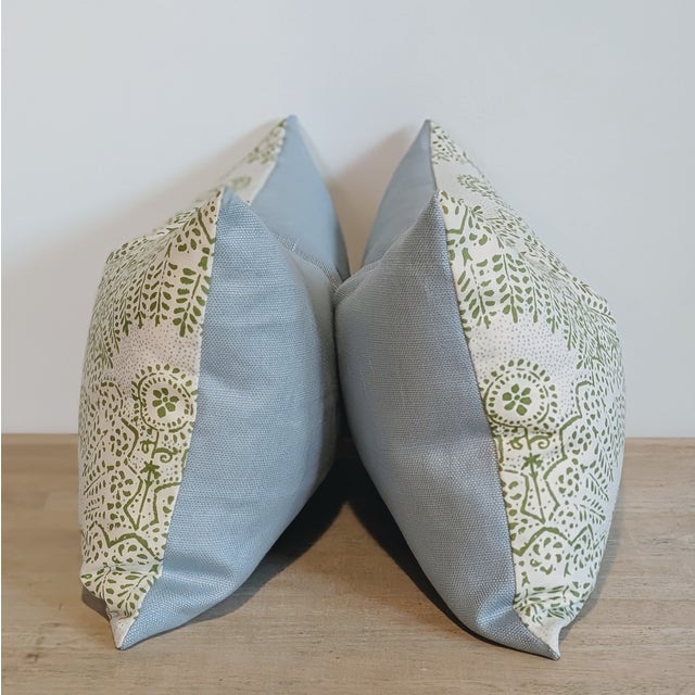 Sister Parish Appleton print lumbars in lettuce green (with blue), and coordinating blue linen backs. Invisible zippers...