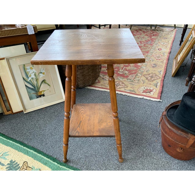 20th century oak side table. Hand made. Turned splayed legs, bottom shelf. Perfect little side table.