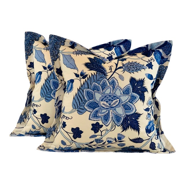 Designer Thibaut Blue & Cream "Dorchester" Botanical Floral Jacobean Leaf Pillow Covers- 21" Pair For Sale