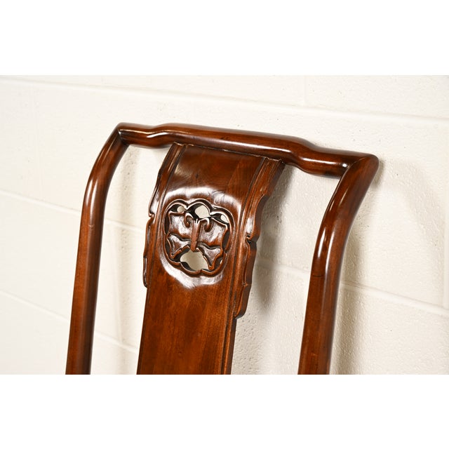 Brown Drexel Heritage Hollywood Regency Chinoiserie Sculpted Mahogany Dining Chairs, Set of Four For Sale - Image 8 of 14