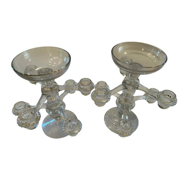 This pair of Cambridge glass stackable candlesticks with cambridge arms is a rare find. The delicate glass designs on the...