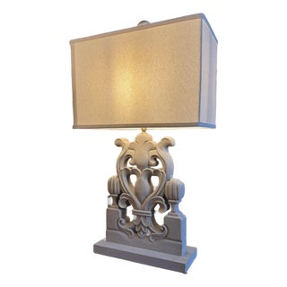 Lillian Home Wylie Carved Wood Table Lamp With Linen Shade – New For Sale