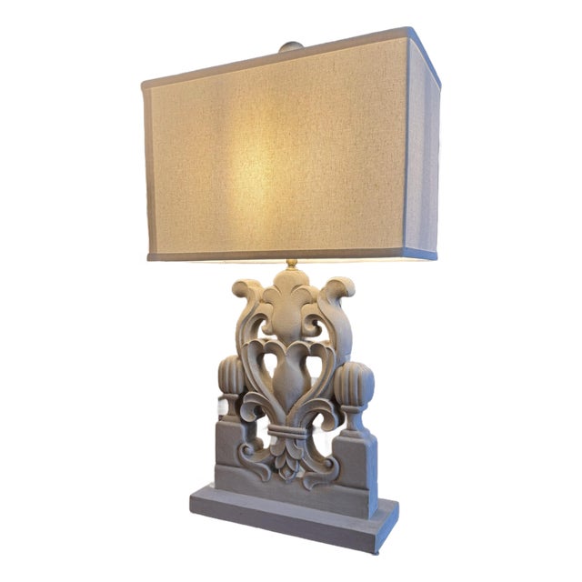 Lillian Home Wylie Carved Wood Table Lamp With Linen Shade – New For Sale