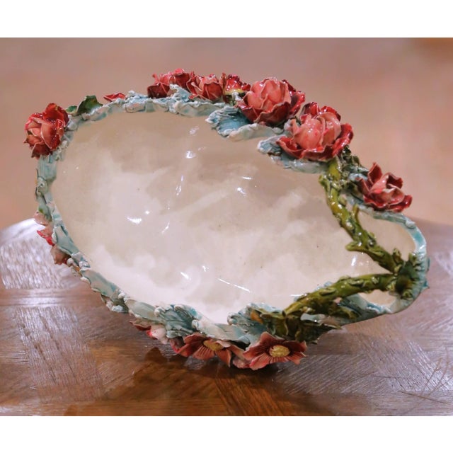 Pink 19th Century French Painted Ceramic Barbotine Floral Jardinière Planter For Sale - Image 8 of 10