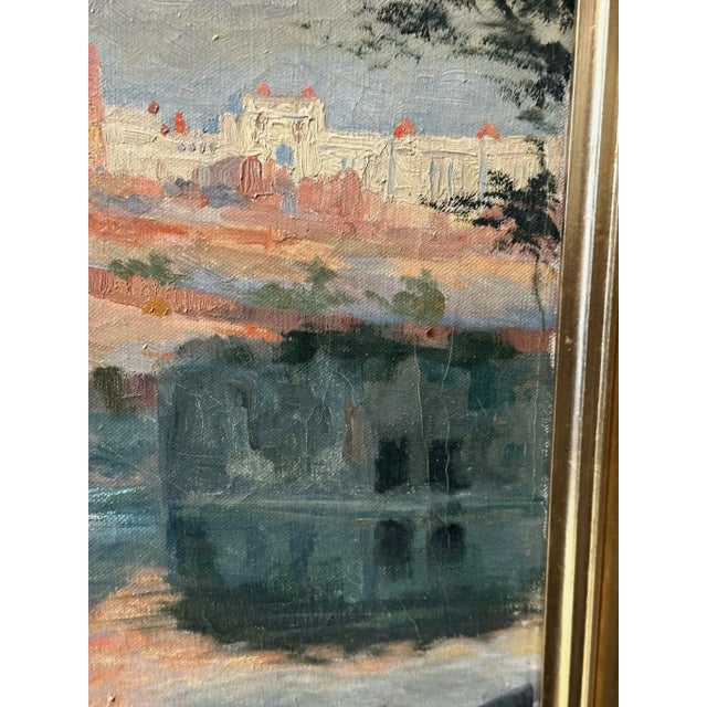 Rustic European 1920s Painting Oil on Canvas by Hugo Vilfred Pederson, Denmark of Sunset Village, Framed For Sale - Image 3 of 5