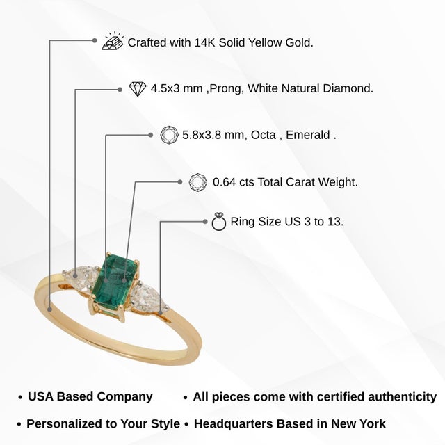VRJewels 14k Gold Three-Stone Natural Emerald Pear Diamond Ring Size 5.5 For Sale - Image 13 of 18