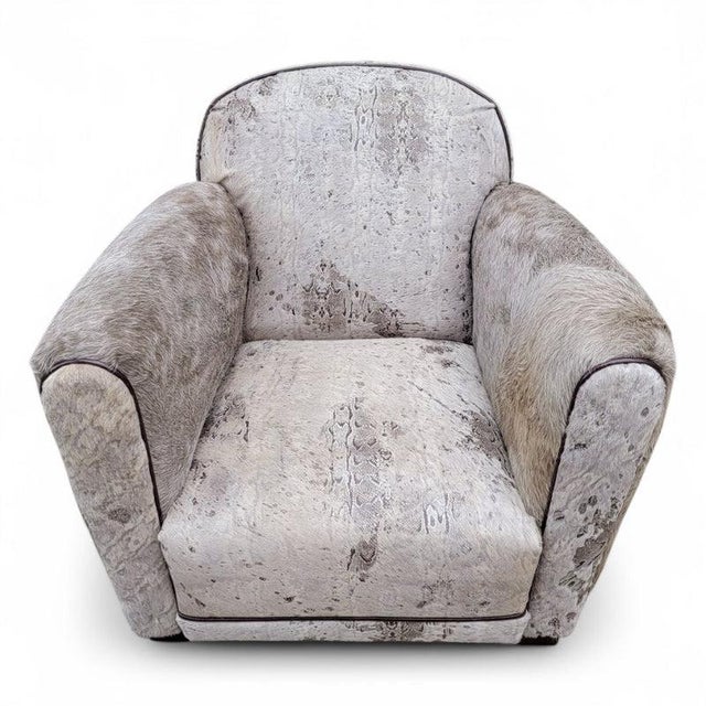 Vintage French Art Deco Club Chair Newly Reupholstered in a Light Grey Cowhide Elevate your living space with this...