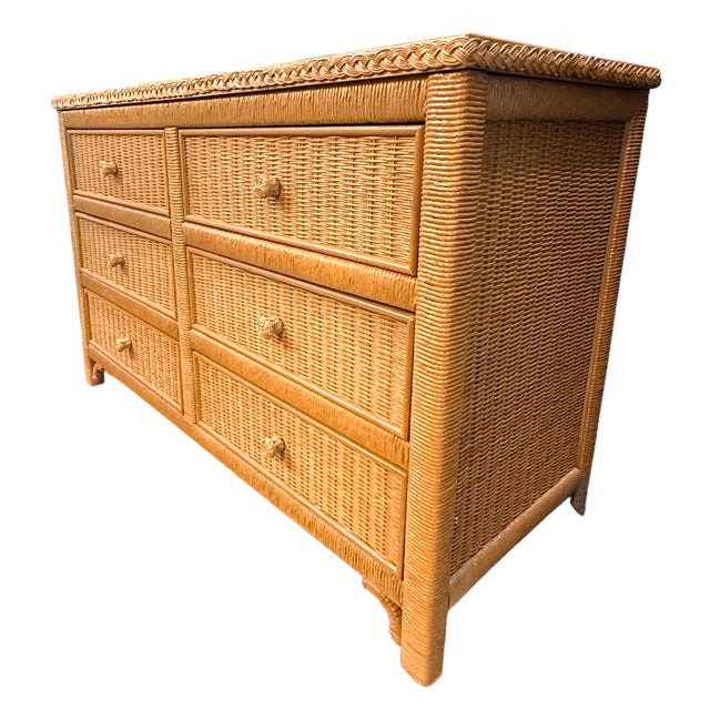 Mid-Century Modern Vintage Henry Link Wicker Six-Drawer Dresser – Honey-Tan Rattan For Sale - Image 3 of 7